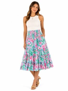 Lilly Pulitzer Deavan Midi Skirt XS Leaf It Wild Smocked Tiered Midi Skirt